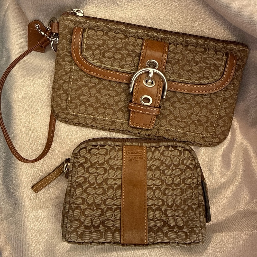 Coach Tan and Brown Signature Wristlet and Pouch Set